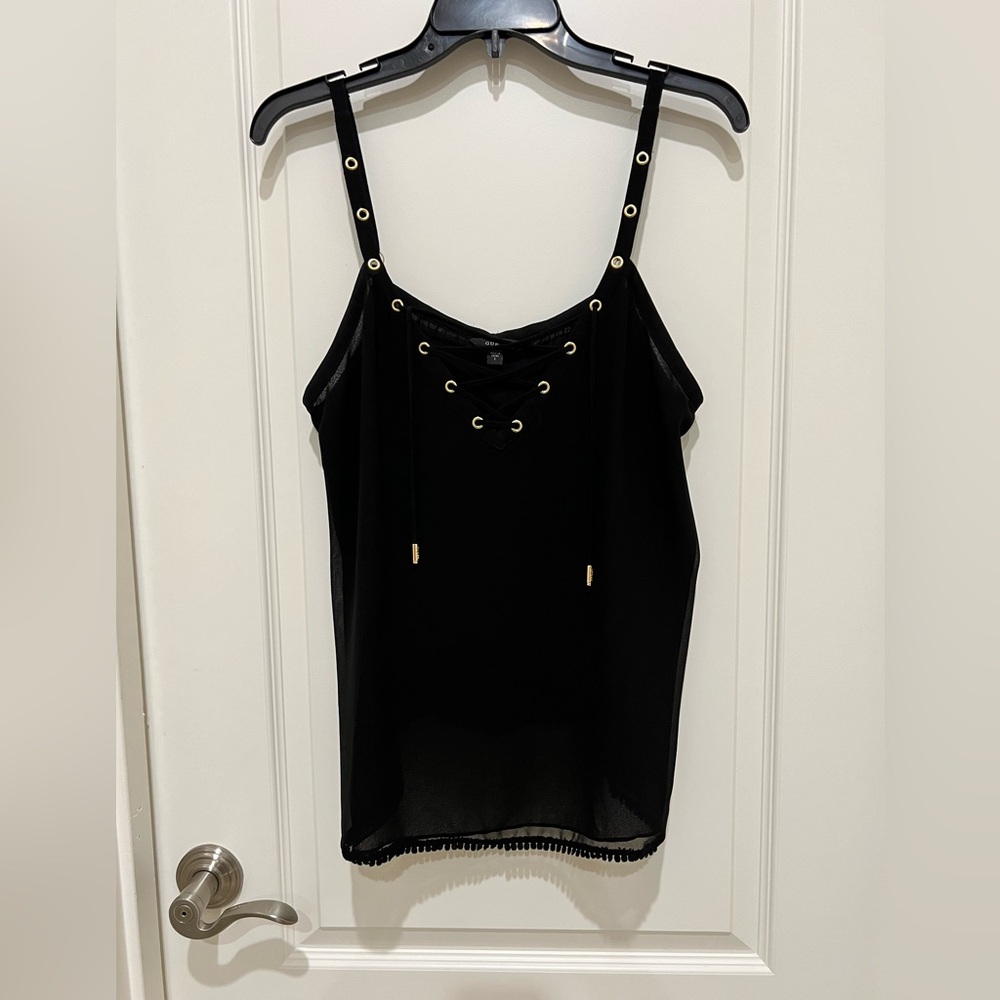 Guess strappy V neck tank top, size L.